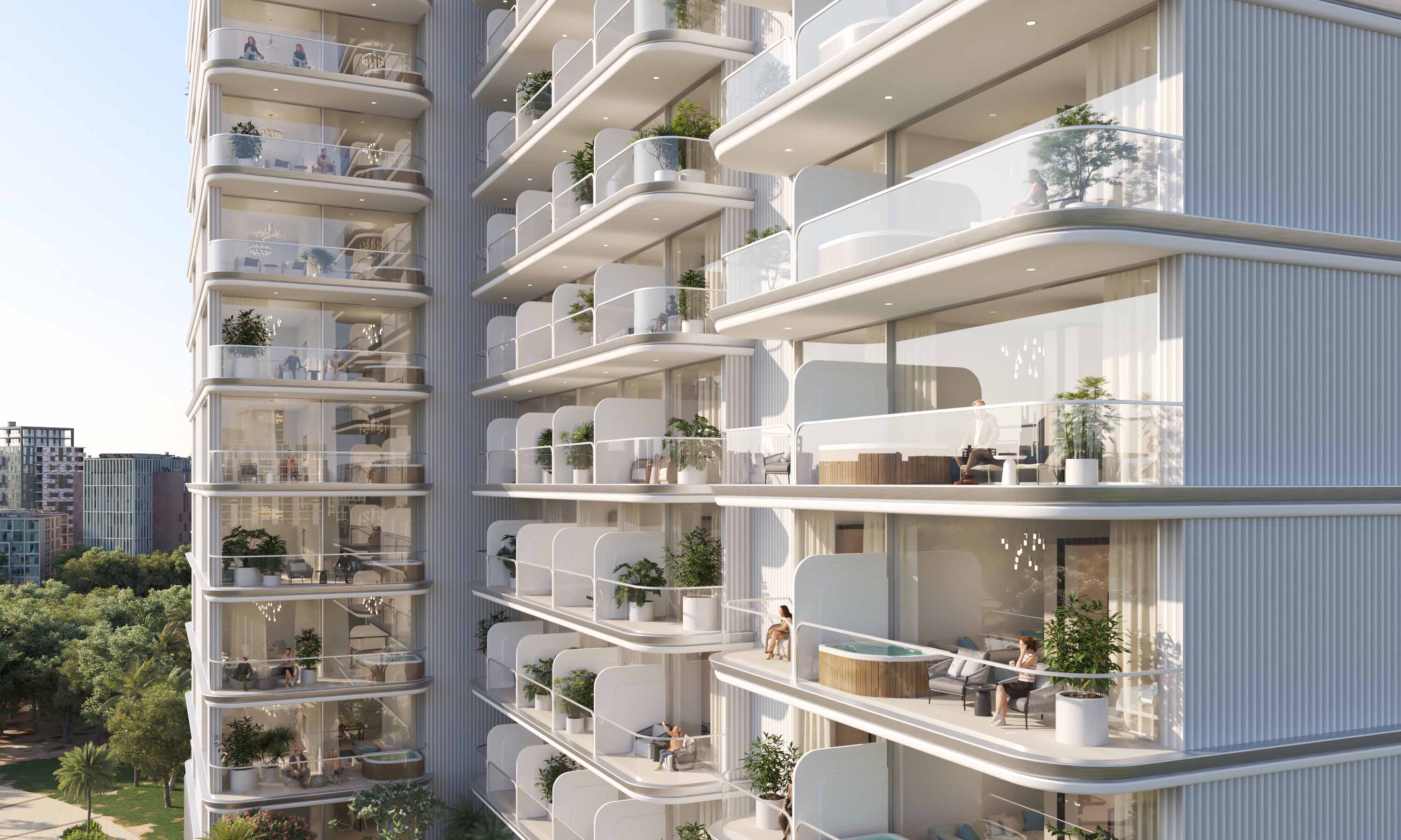 Cove Edition Iii By Imtiaz A modern residential building featuring balconies with plants, people relaxing, and elegant architectural design.